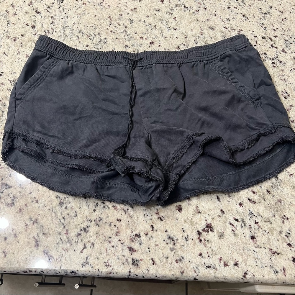 NWT The Loft Charcoal gray elastic drawstring shorts with small fringe on bottom